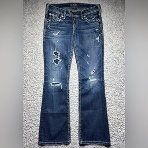 Silver Jeans Womens 28 Tuesday Slim Boot Cut Low Rise Dark Distressed Big Stitch